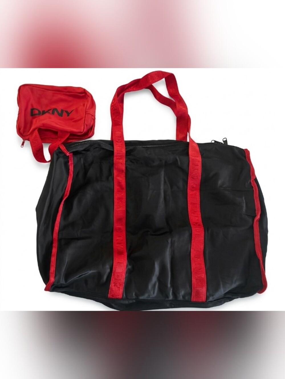 DKNY Vintage Large Nylon Tote Black & Red with Red Case - Picture 2 of 6